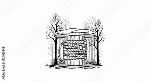Wood spool with rope in a stark, silhouetted forest scene