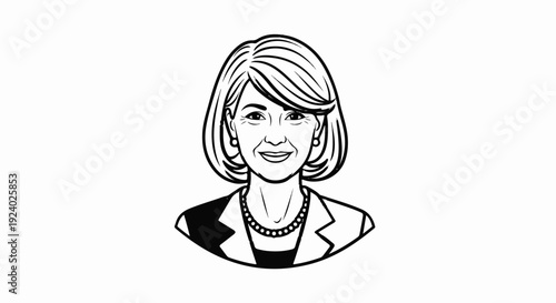 Stylized sketch of a smiling woman with short, layered hair and pearls