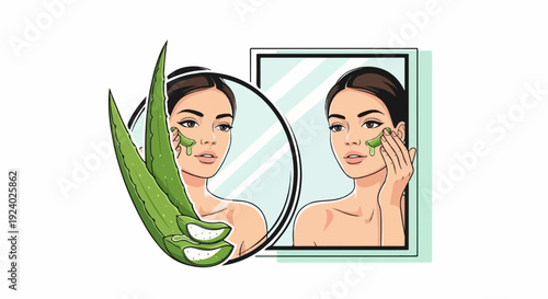 Woman applying aloe vera gel to her face, with aloe plant and mirror reflection