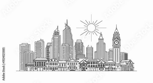 Wallpaper Mural Stylized line drawing of a cityscape with modern and historic buildings under the sun Torontodigital.ca