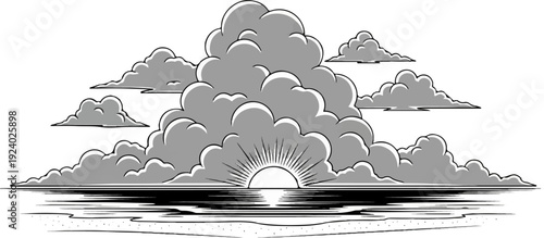 Stylized sunrise breaking through dramatic clouds over a reflective ocean