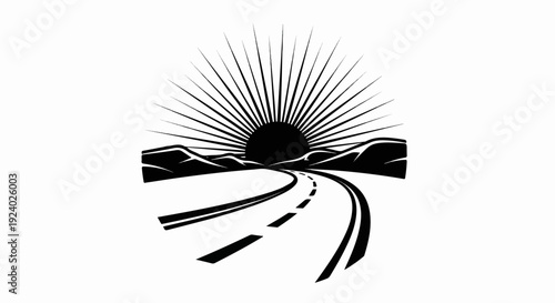 Stylized sunburst over a winding road and distant hills