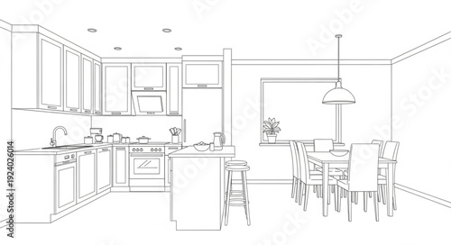 Modern Kitchen and Dining Area Architectural Sketch.