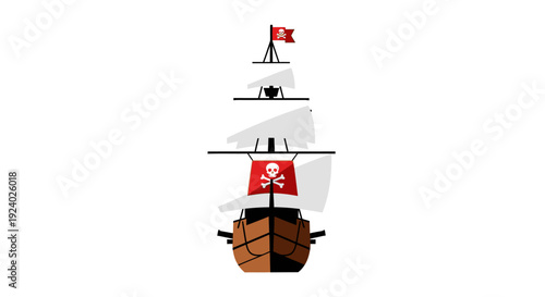 Cartoon pirate ship with sails and flag against a white background