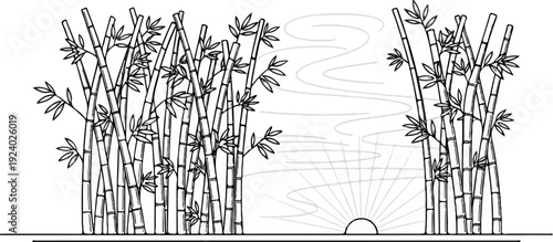 Stylized sunrise behind a dense grove of bamboo with swirling wind patterns