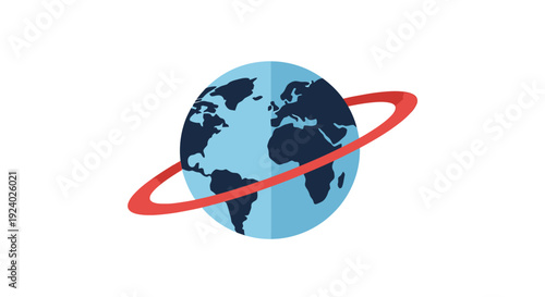 Graphic illustration of a globe with a red ring representing worldwide connectivity