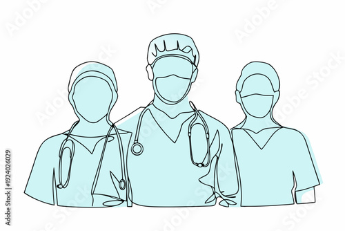 Line art illustration of three medical professionals in surgical attire