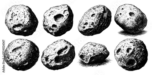 Set of various asteroids and space rocks in hand drawn vintage engraving style