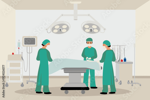 Surgical team preparing for an operation in a sterile hospital environment