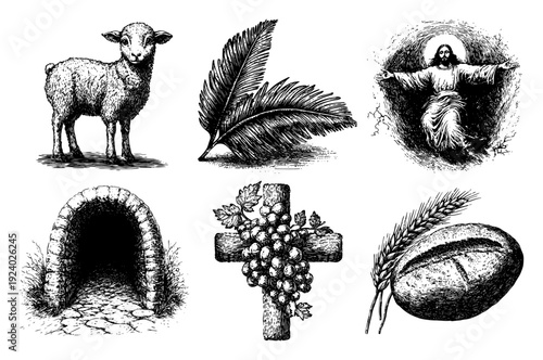 Christian religious resurrection and communion symbols set in vintage hand drawn style