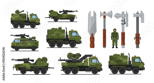 Military vehicles and weapons collection pixel art style.