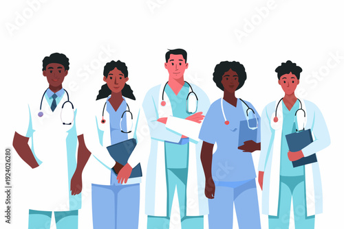 Diverse group of medical professionals standing together in a row
