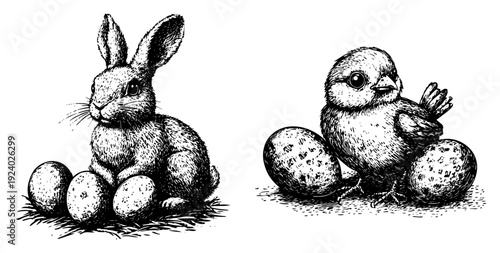 Vintage hand drawn illustrations of Easter bunny and baby chick with eggs in etching style