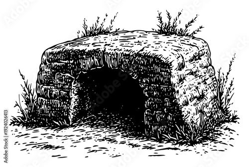 Vintage hand drawn sketch of an old stone bridge with grass and weeds