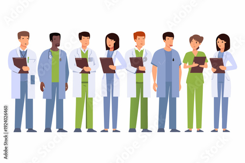 Diverse group of healthcare professionals standing in a row holding clipboards
