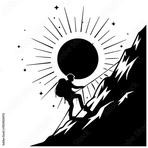 Untitled-23.ai Mountain Climber Silhouette Solar Eclipse Adventure Black and White Illustration