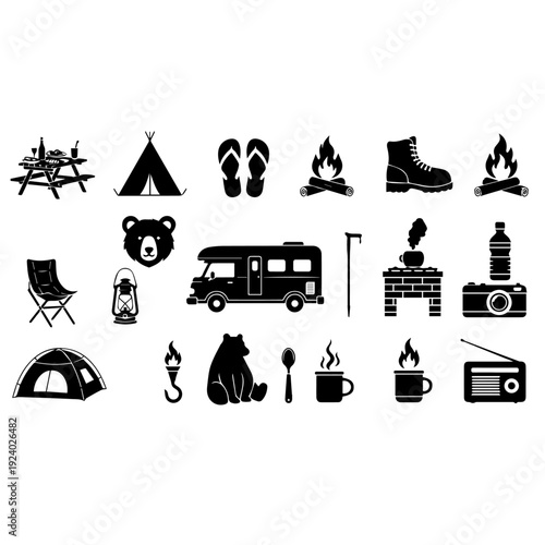Untitled-21.ai Camping Icons Set Outdoor Adventure Black and White Travel Illustration