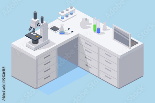 Isometric illustration of a clean modern laboratory workspace setup