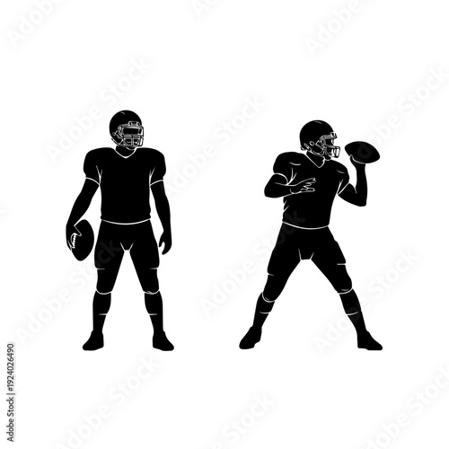 Untitled-24.ai American Football Players Silhouette Set Black and White Sports Illustration