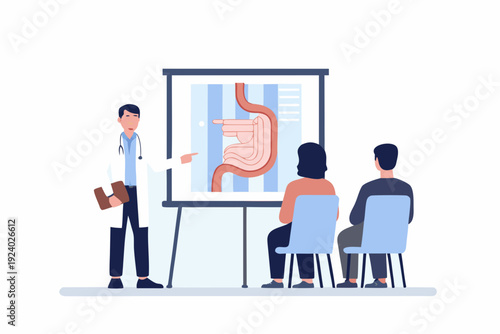 Doctor presenting a diagram of the human digestive system to students