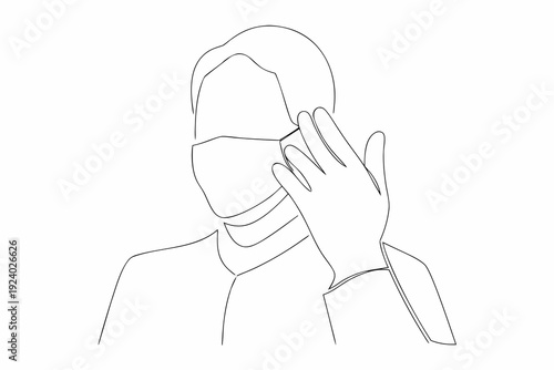 Line drawing of a person wearing a mask and raising a hand