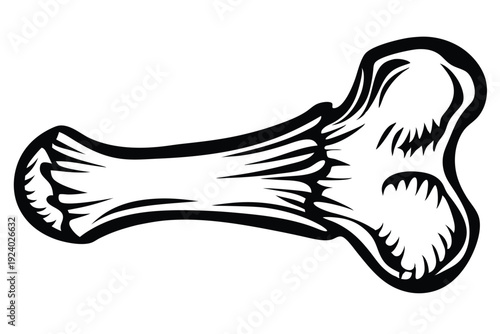 Stylized single monochrome bone illustration with thick black outline is isolated on a white background