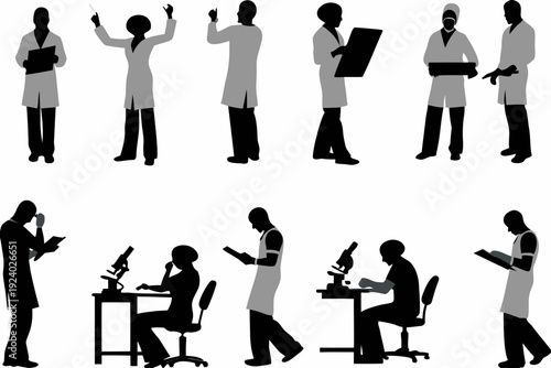 Silhouettes of scientists and researchers in various laboratory poses