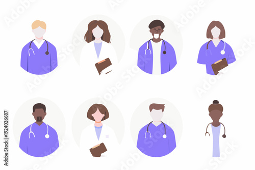 Diverse group of healthcare workers and doctors in uniform portraits