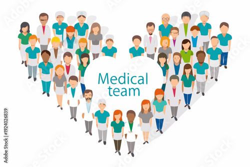 Diverse group of medical professionals forming a heart shape illustration