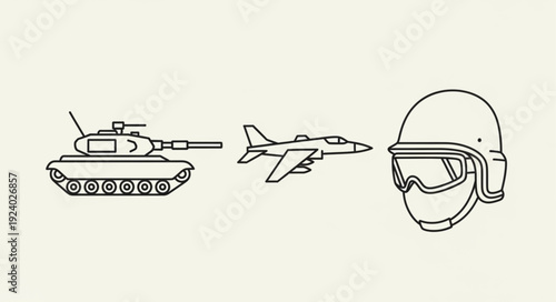 Military equipment icons tank airplane helmet and goggles.