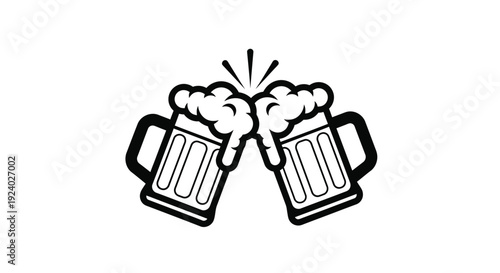 Two beer mugs clinking together with foam and steam rising in a celebratory toast