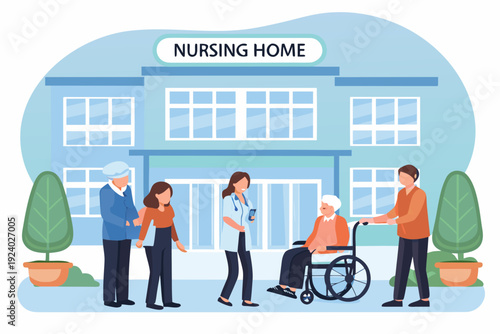 Illustration depicts a nursing home exterior with staff and residents