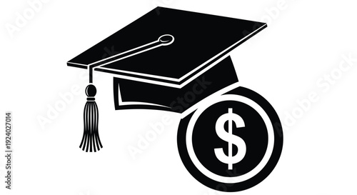 Graduation cap and dollar coin symbolizing education cost or student loan concept