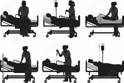 Silhouettes of hospital patients in beds with healthcare professionals