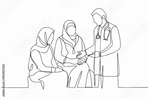 Line drawing of a doctor examining a patient with a family member