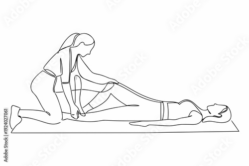 Line drawing of a physical therapist assisting a patient with stretching