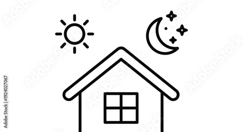 Simple house icon with sun and moon symbols daytime and nighttime roof window