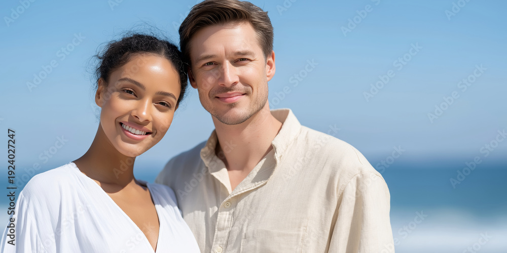 Obraz premium Interracial couple in casual beach attire smiling at the camera, standing together on a sunny beach with ocean waves and clear blue sky in the background