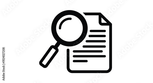 Magnifying glass examining document with lines of text detailed black and white illustration simple background