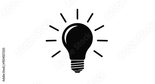 Black light bulb icon with rays on white background symbolizing idea and inspiration