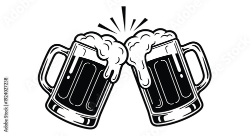 Two beer mugs clinking together with foam and a celebratory spark