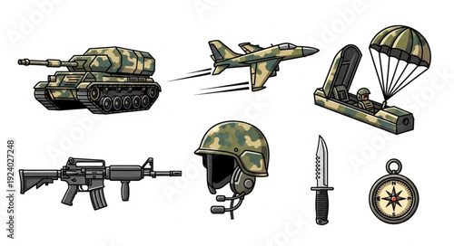 Military equipment and soldier gear illustration.