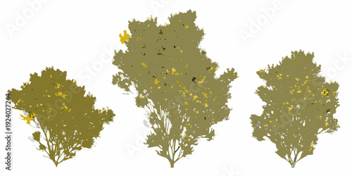 Three abstract shrub shapes in varying shades of green and yellow