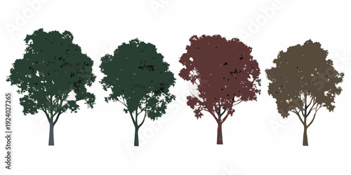 Four stylized trees displaying varying autumn foliage colors on white