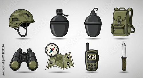 Military equipment and survival gear collection.