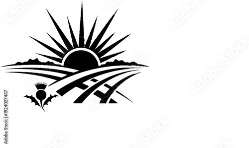 Stylized sun over rolling hills and a thistle