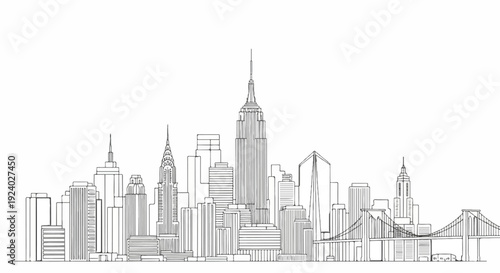 Stylized line drawing of a city skyline featuring iconic skyscrapers and bridges