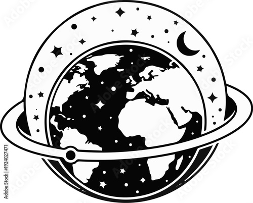 Stylized planet with rings and starry celestial body