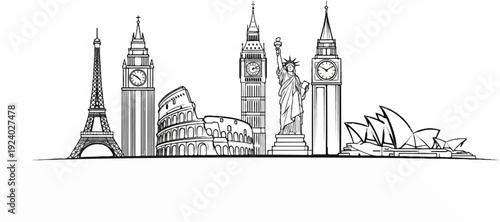 World landmarks skyline in a sketch style