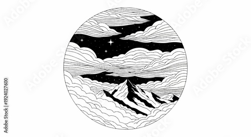 Stylized starry night sky over mountain peaks shrouded in clouds